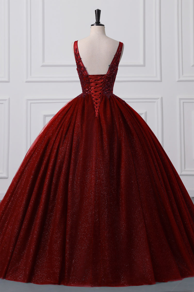 Lace-Up Sleeveless Sequins V-Neck Ball Gown Evening Dress