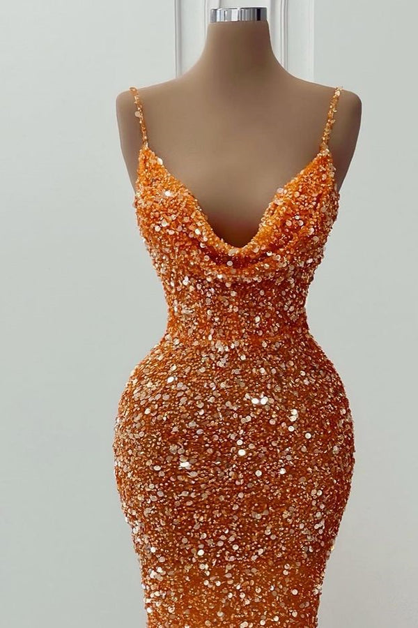 Stunning Orange Spaghetti-Straps Prom Dress Mermaid Sequins Sleeveless