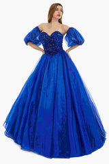 Sweetheart Royal Blue Bubble Sleeves Ball Gown Beaded Prom Dresses