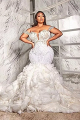 Stunning Off-the-Shoulder Mermaid Wedding Dress Lace Appliques With Ruffle