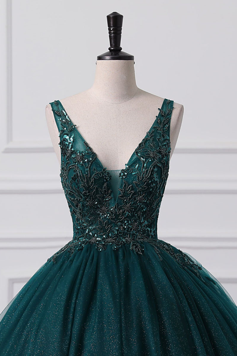 Lace-Up Sleeveless Sequins V-Neck Ball Gown Evening Dress