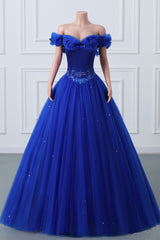 Royal Blue Off-the-shoulder Sweetheart Beaded Flowers Ball Gown Tulle Prom Dresses