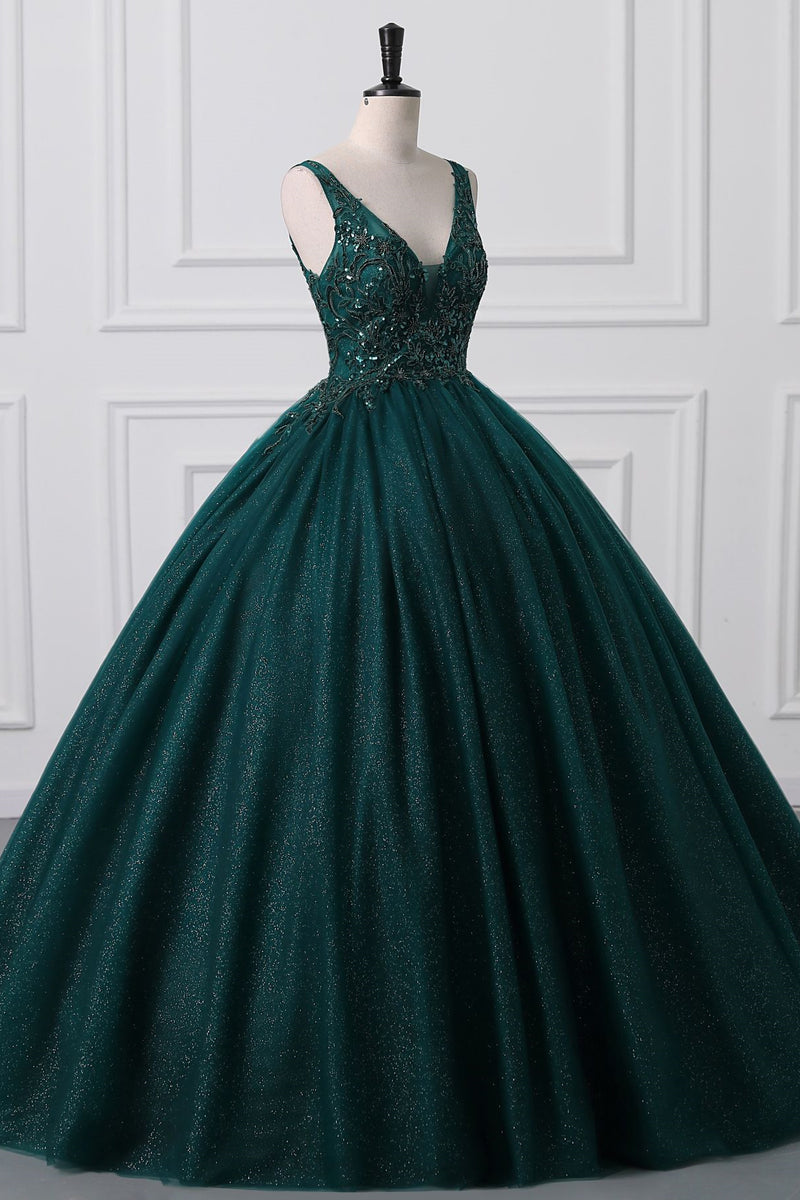 Lace-Up Sleeveless Sequins V-Neck Ball Gown Evening Dress