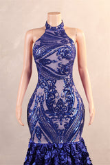 Halter Mermaid Sweep Train Backless Sleeveless Beading Evening Dress