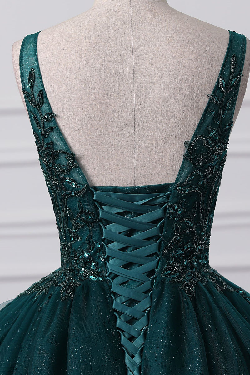 Lace-Up Sleeveless Sequins V-Neck Ball Gown Evening Dress