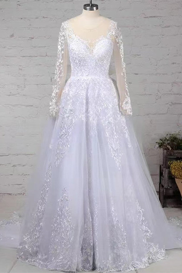 stylesnuggle Long Sleeves Scoop Wedding Dress Princess Lace Bridal Gown