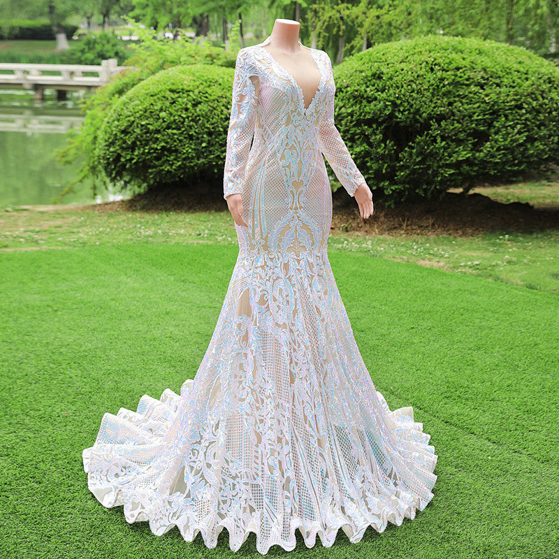 Gorgeous Long Sleeves V-Neck Prom Dress Mermaid Long With Sequins