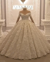 Ball Gown Long Sleeves Wedding Dresses With Appliques Flowers Beadings