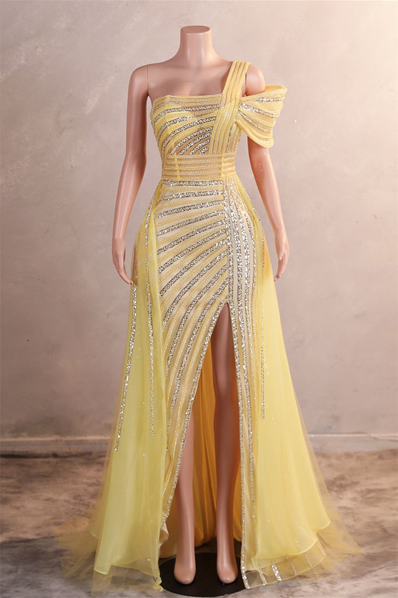 Gorgeous One shoulder Dusty Sage Prom Dress Slit Long With Sequins Beads