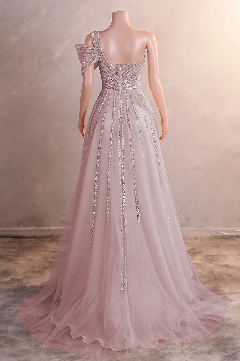 Gorgeous One shoulder Dusty Sage Prom Dress Slit Long With Sequins Beads