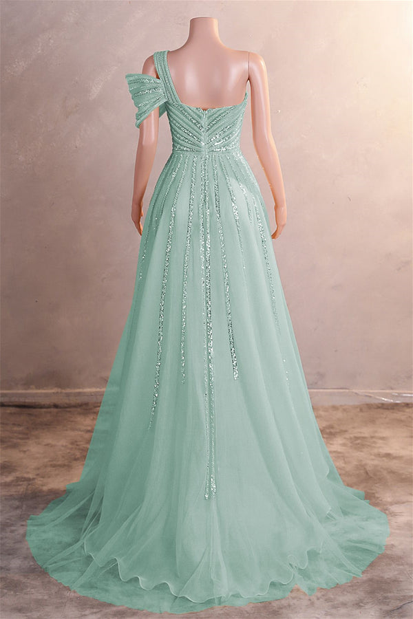 Gorgeous One shoulder Dusty Sage Prom Dress Slit Long With Sequins Beads