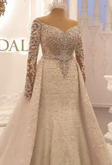 Luxurious Long Sleeves Crystal Wedding Dress Lace With Overskirt