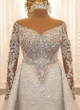 Luxurious Long Sleeves Crystal Wedding Dress Lace With Overskirt