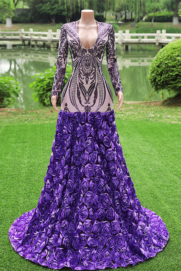 Gorgeous Purple Long Sleeves V-Neck Prom Dress Sequins With Flowers