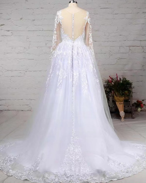 stylesnuggle Long Sleeves Scoop Wedding Dress Princess Lace Bridal Gown