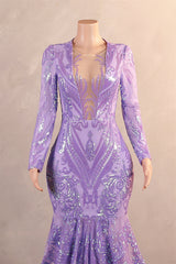 V-Neck Mermaid Sweep Train Sequins Zipper Long Sleeve Evening Dress