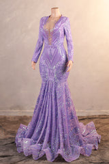 V-Neck Mermaid Sweep Train Sequins Zipper Long Sleeve Evening Dress