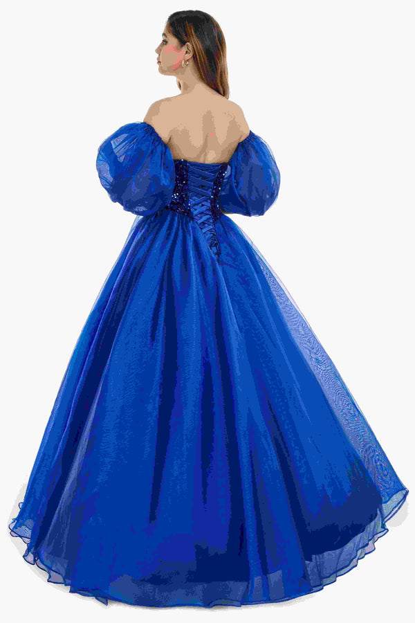 Sweetheart Royal Blue Bubble Sleeves Ball Gown Beaded Prom Dresses