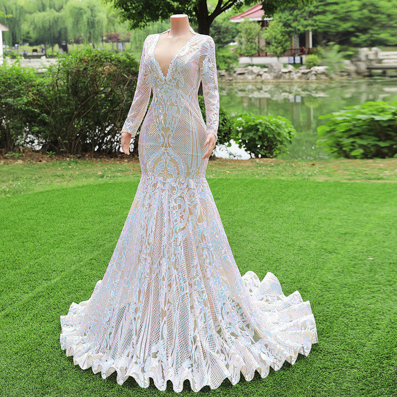 Gorgeous Long Sleeves V-Neck Prom Dress Mermaid Long With Sequins