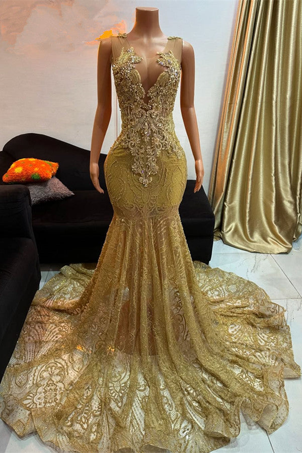 Stunning Gold Sleeveless Mermaid Prom Dress Long With Beadings