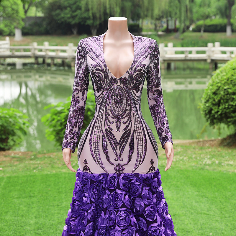 Gorgeous Purple Long Sleeves V-Neck Prom Dress Sequins With Flowers