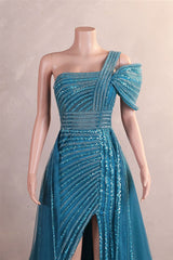 Gorgeous One shoulder Dusty Sage Prom Dress Slit Long With Sequins Beads