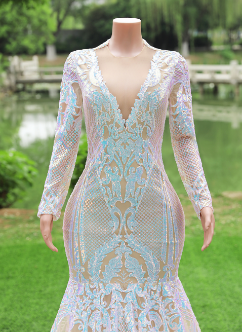 Gorgeous Long Sleeves V-Neck Prom Dress Mermaid Long With Sequins