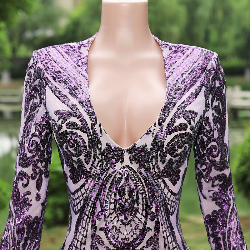 Gorgeous Purple Long Sleeves V-Neck Prom Dress Sequins With Flowers