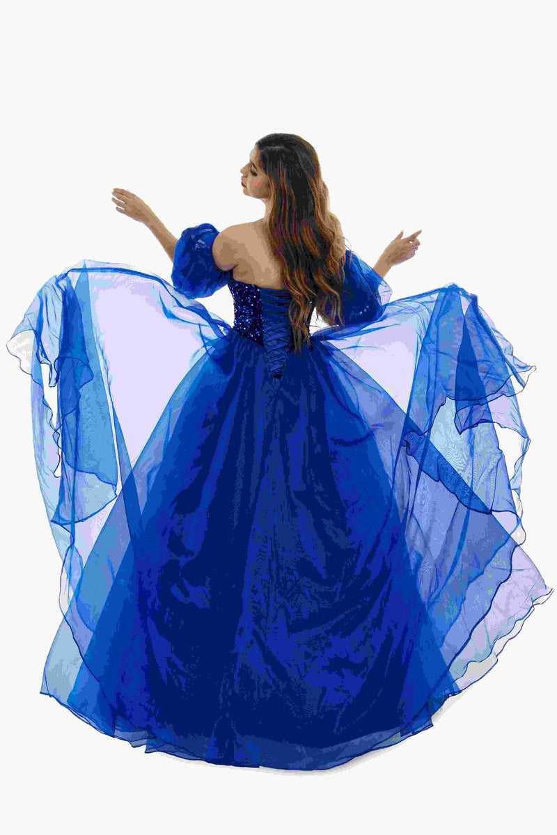 Sweetheart Royal Blue Bubble Sleeves Ball Gown Beaded Prom Dresses