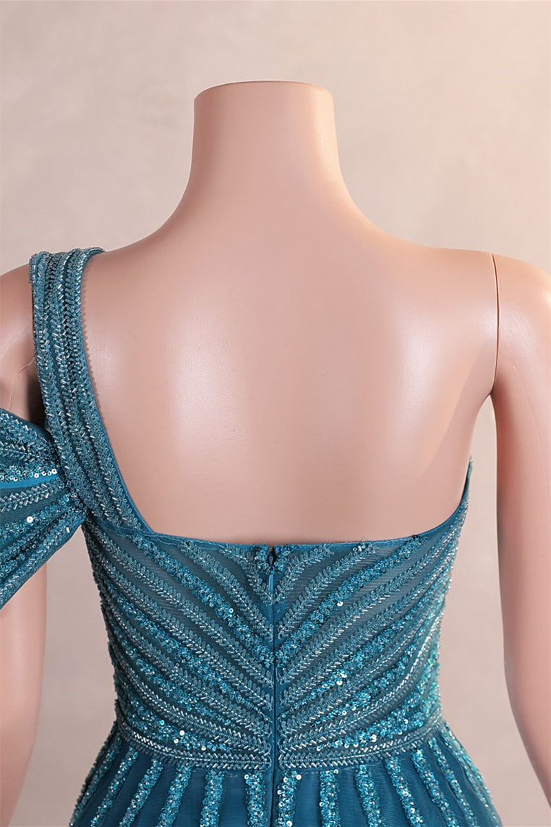 Gorgeous One shoulder Dusty Sage Prom Dress Slit Long With Sequins Beads