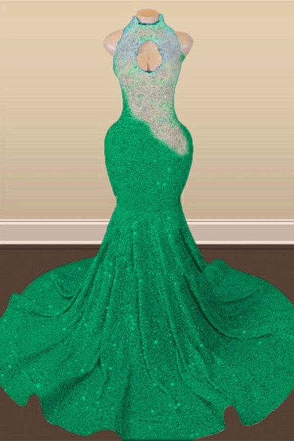 Gorgeous Emerald Sequins Prom Dress Mermaid Sleeveless With Appliques