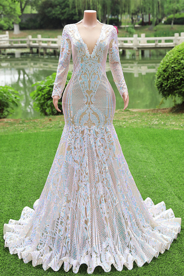 Gorgeous Long Sleeves V-Neck Prom Dress Mermaid Long With Sequins