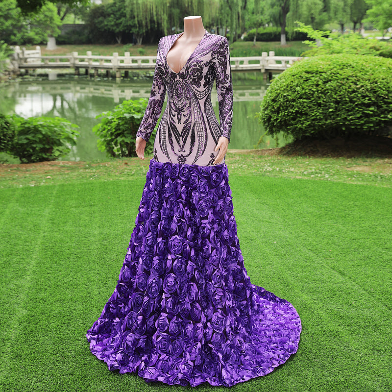 Gorgeous Purple Long Sleeves V-Neck Prom Dress Sequins With Flowers