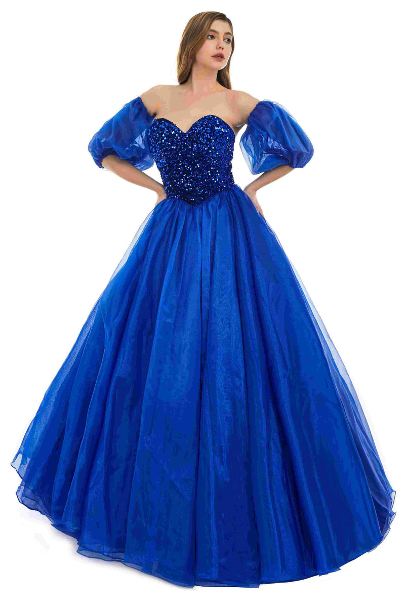 Sweetheart Royal Blue Bubble Sleeves Ball Gown Beaded Prom Dresses