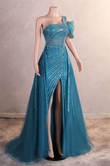 One-Shoulder Beading Sweep Train Backless Evening Dress