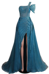 One-Shoulder Beading Sweep Train Backless Evening Dress