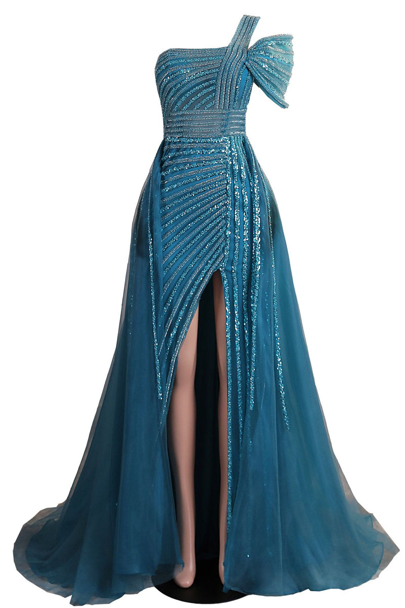 One-Shoulder Beading Sweep Train Backless Evening Dress