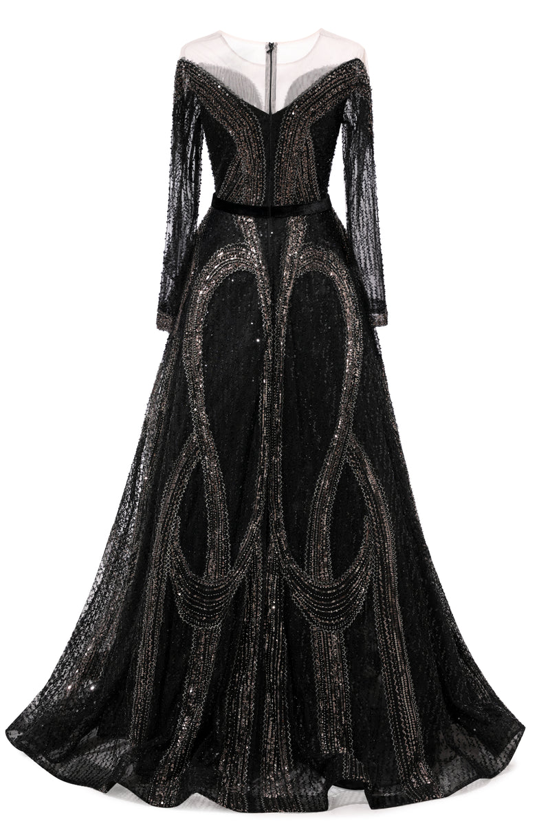 Black Long sleeves V-neck Luxury Sparkle Princess Evening Dresses