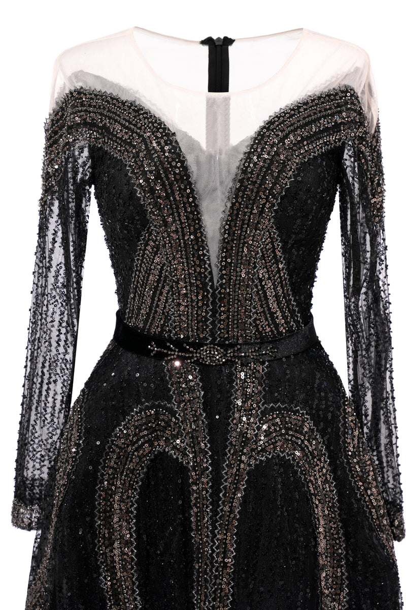 Black Long sleeves V-neck Luxury Sparkle Princess Evening Dresses