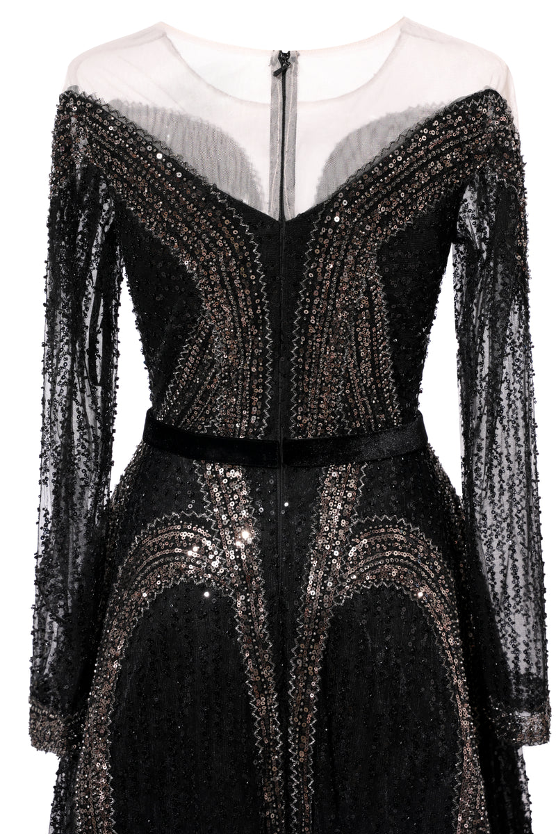 Black Long sleeves V-neck Luxury Sparkle Princess Evening Dresses