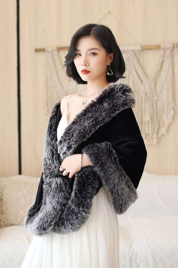 Black Mink Cashmere Rounded Corners Wedding Shawl with Grey Edges