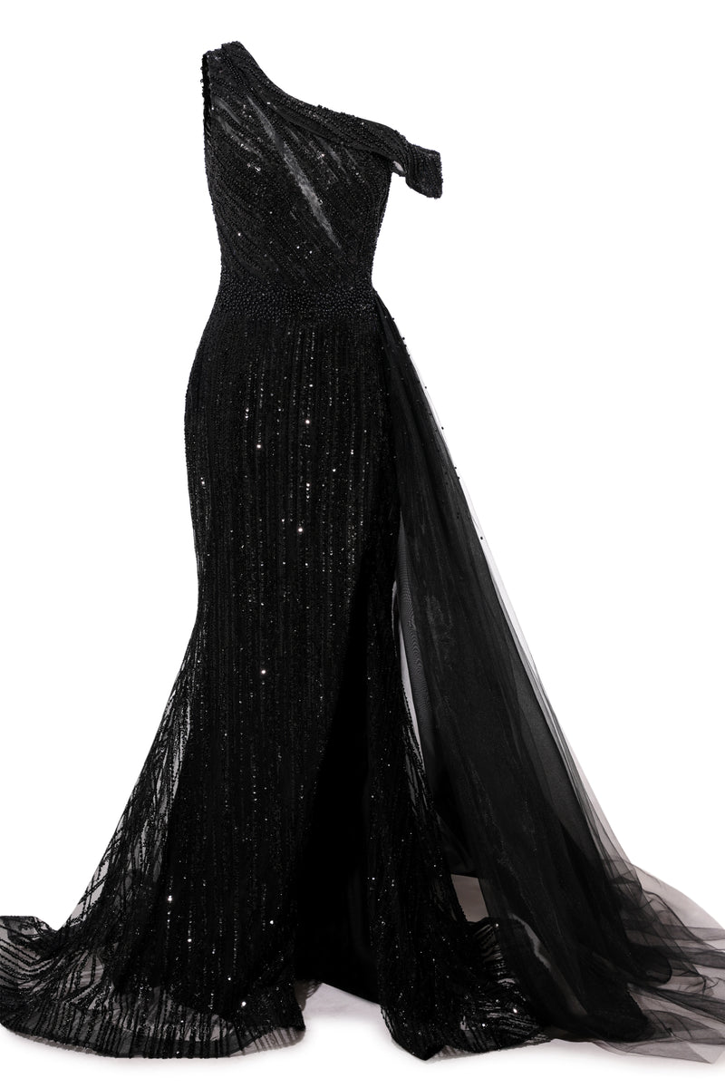 Black Sparkle One shoulder Court Train Evening Dresses