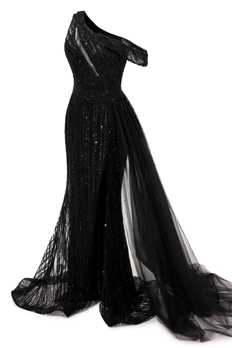 Black Sparkle One shoulder Court Train Evening Dresses