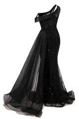 Black Sparkle One shoulder Court Train Evening Dresses