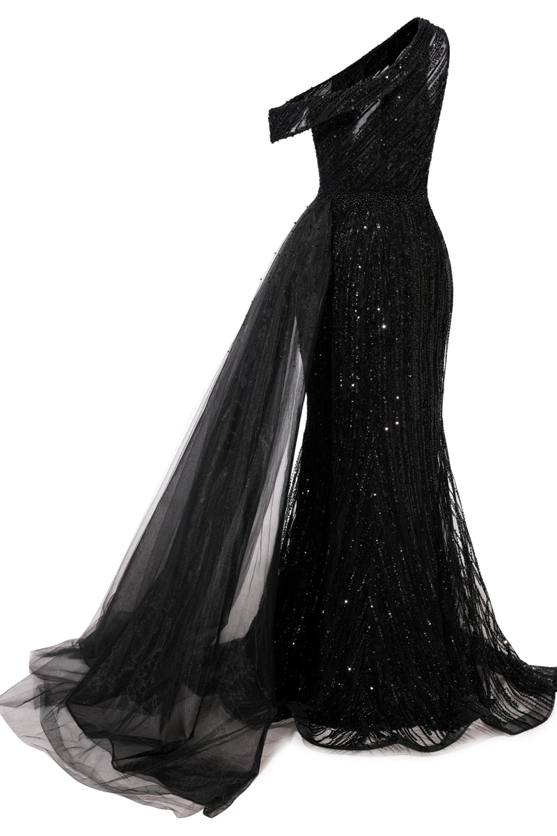 Black Sparkle One shoulder Court Train Evening Dresses