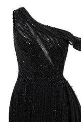 Black Sparkle One shoulder Court Train Evening Dresses