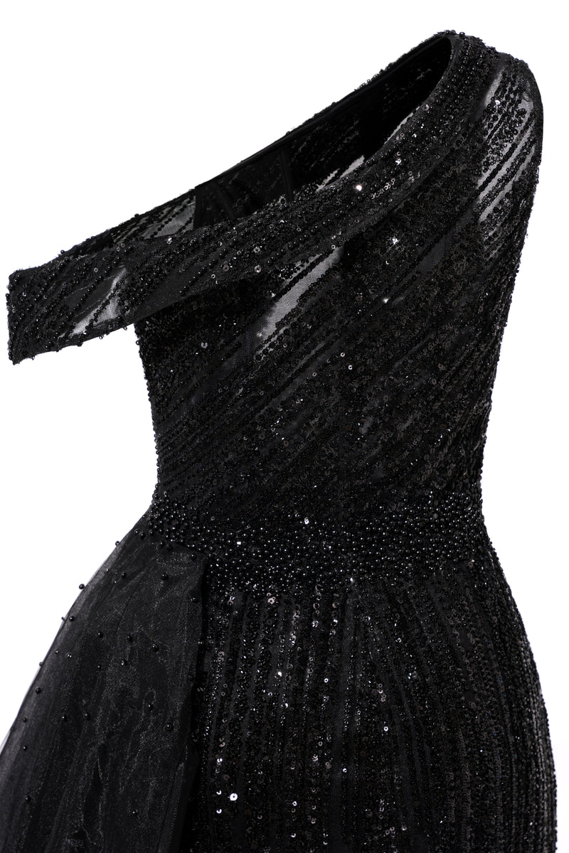 Black Sparkle One shoulder Court Train Evening Dresses