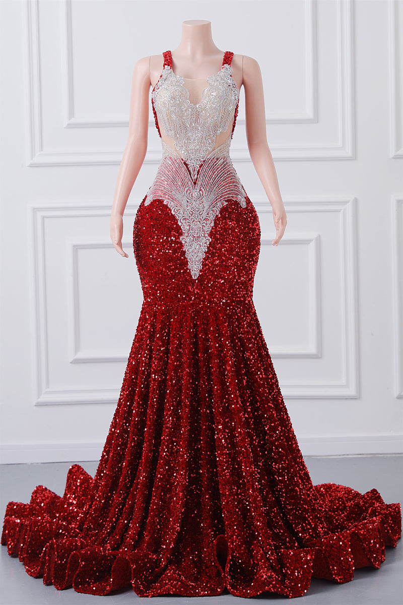 Burgundy Sequin Mermaid Silver Beaded Court Trian Prom Dresses