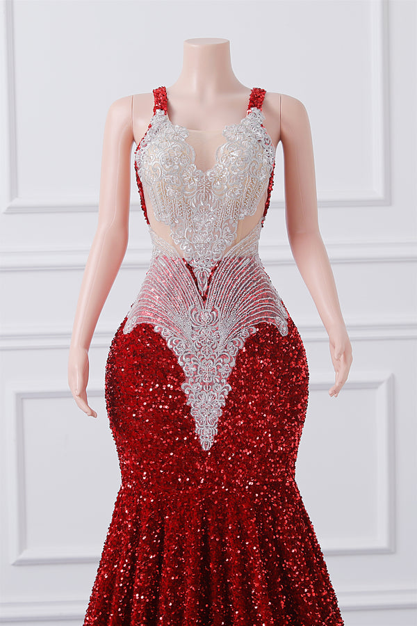 Burgundy Sequin Mermaid Silver Beaded Court Trian Prom Dresses