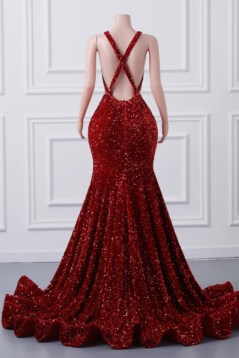 Burgundy Sequin Mermaid Silver Beaded Court Trian Prom Dresses